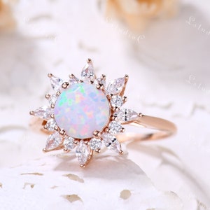 Unique Opal Flower Engagement Ring 14k Rose Gold Antique Moissanite Halo Ring Vintage October Birthstone Nature Inspired Ring for Women