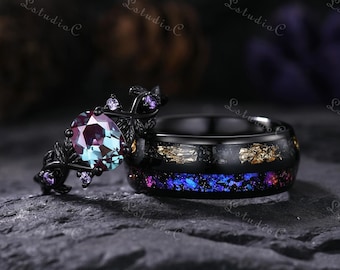 Vintage Oval Alexandrite Leaf Engagement Ring Set Mens Tungsten