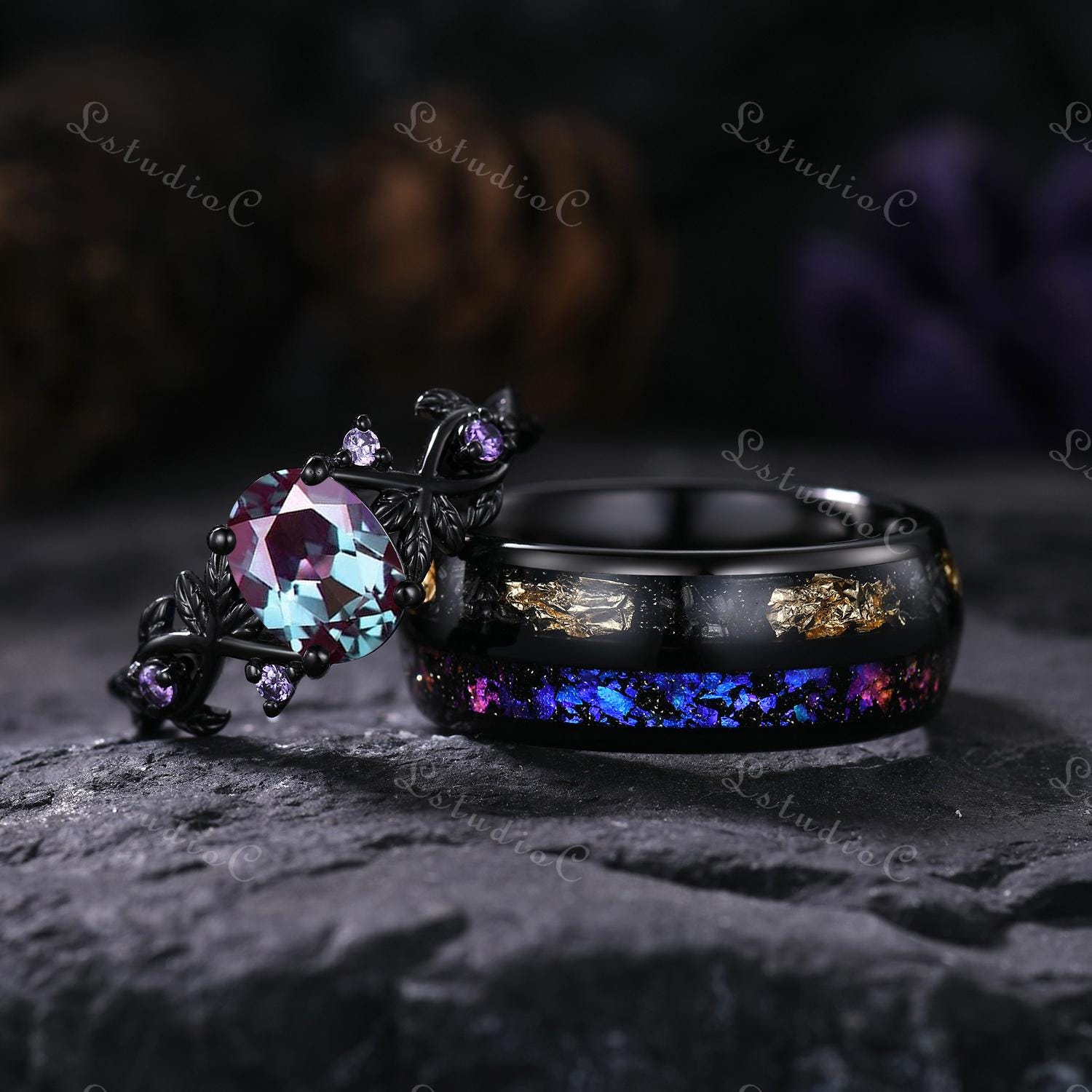 SALE！agete 2017 Xmas Special ring Vintage Oval Alexandrite Leaf Engagement Ring Set Mens Tungsten