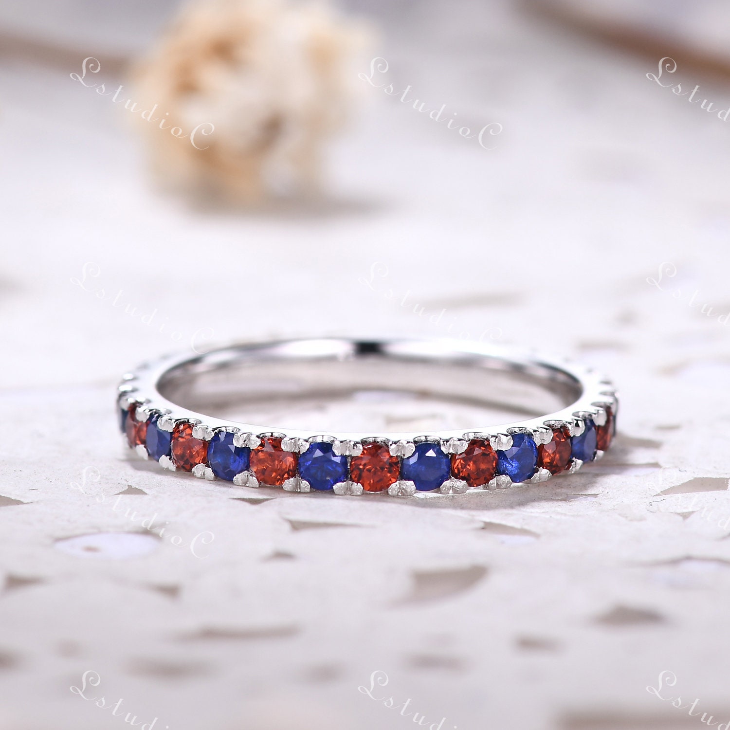 2mm Sapphire Garnet Engagement Ring Band Silver White Gold Bridal Wedding Band Birthstone Stacking Ring Minimalist Blue Red Gemstone Ring