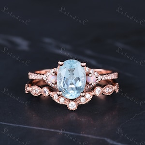 Natural Oval Cut Aquamarine Engagement Ring Set Vintage Rose Gold Opal Diamond Stackable Bridal Set Art Deco March Birthstone Ring for Women
