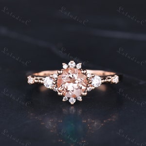 Round Cut Pink Morganite Engagement Ring Rose Gold Art Deco Morganite Diamond Ring Dainty Ring Peach Morganite Ring Silver Women Ring Gift