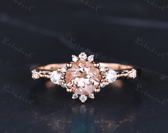 Round Cut Pink Morganite Engagement Ring Rose Gold Art Deco Morganite Diamond Ring Dainty Ring Peach Morganite Ring Silver Women Ring Gift