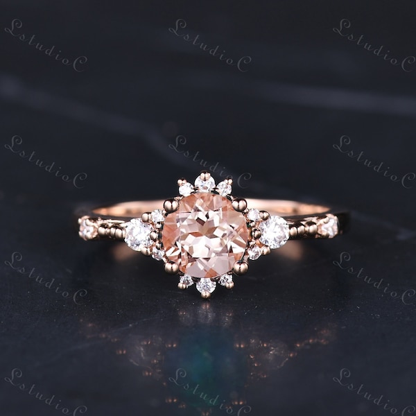 Round Cut Pink Morganite Engagement Ring Rose Gold Art Deco Morganite Diamond Ring Dainty Ring Peach Morganite Ring Silver Women Ring Gift