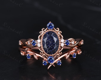 Filigree Oval Blue Sandstone Bridal Ring Set Vintage Sapphire Leaf Engagement Ring Art Deco Women Promise Anniversary Ring Unique Gift