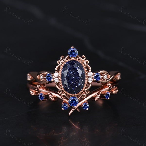 Filigree Oval Blue Sandstone Bridal Ring Set Vintage Sapphire Leaf Engagement Ring Art Deco Women Promise Anniversary Ring Unique Gift