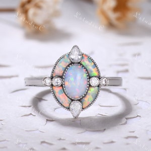 Unique Fire Opal Moissanite Engagement Ring Vintage Oval Opal Ring Art Deco Pear Moissanite Jewelry for Women Antique Bezel Ring Silver Gold
