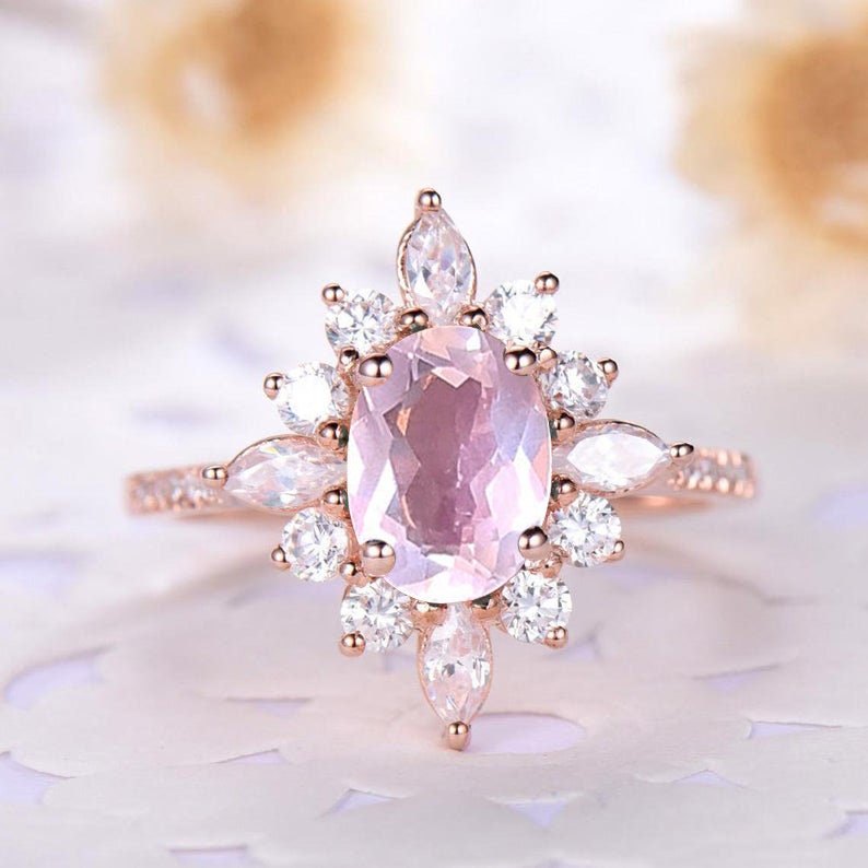 Rose Quartz Engagement Ring Antique 14k 18k Rose Gold CZ Etsy