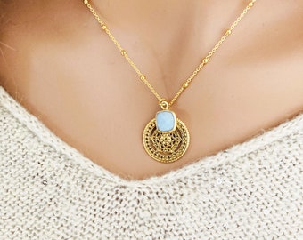 BLUE OPAL necklace, Genuine opal coin Necklace, Elegant Unique gemstone necklace. Blue Stone Necklace , Mothers day gift