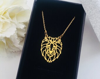 Collar de LEÓN / colgante de LEÓN de oro / león geométrico / collar de origami / collar de animales de Safari / regalo del zoológico para joyería de viaje BF chapado en oro