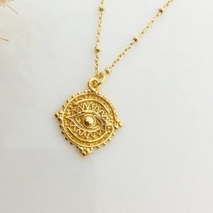 Gold Evil Eye necklace, Eye of Ra in Gold , Greek eye medallion Boho necklace, Eye of Horus, Ra Eye Necklace Protection Jewelry, Mothers day