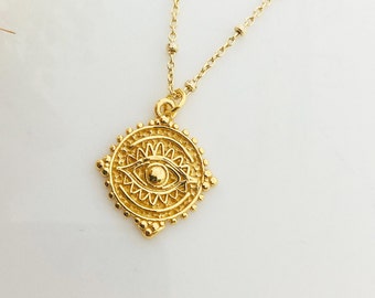 Gold Evil Eye necklace, Eye of Ra in Gold , Greek eye medallion Boho necklace, Eye of Horus, Ra Eye Necklace Protection Jewelry, Mothers day