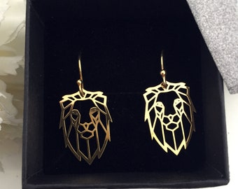 GOLD LION earrings Origami lion charms Geometric lion Cute LION dangle earrings Lion jewelry gold plated Sterling silver Lion gift Zodiac