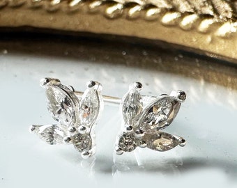 elegant silver Marquise Sterling Silver earrings, CZ Leaf Trio Earrings, three Marquise in sterling silver 925, zircon stud earrings