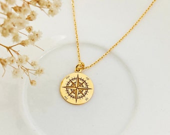 GOLD COMPASS necklace, Compass Rose Gifts for Travel Lovers, Globetrotter Necklace, Compass Pendant Long distance friendship Going away