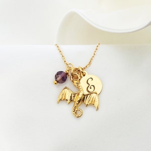 GEPERSONALISEERDE DRAAK-ketting, gouden draak met initiaal en letterteken, Flying Dragon-sieraden