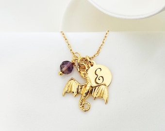 PERSONALISED DRAGON necklace, gold dragon with initial and birtston, Flying Dragon jewelry