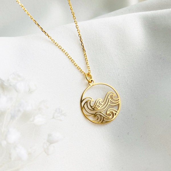 GOLD WAVE NECKLACE, pendentif Dainty Wave, collier quotidien de vacances en mer, bijoux minimalistes personnalisés Ocean Wave