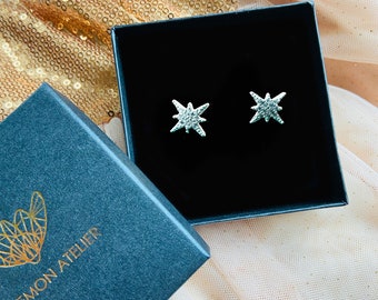 Silver Star earrings, North Star Shape Ear studs, Celestial stud Earrings, Starburst Earrings in Sterling Silver 925,