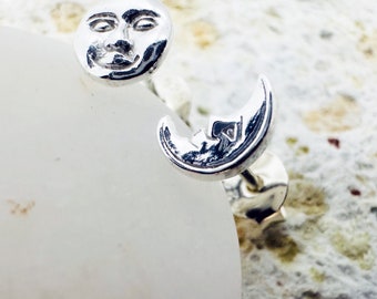 Moon sun stud earrings, Mismatched Sun and Moon Studs, Asymmetric Sun Face Earrings, Sterling Silver Moon Face Earrings