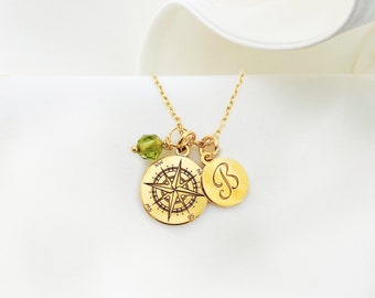 Collier boussole personnalisé, collier boussole en or avec breloque initiale, cadeau pour amateur de voyage globe-trotter ou amitié, pendentif boussole