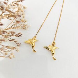 Gold Hummingbird Threader Earrings - Long Chain Animal Earline Fashion Jewelry
