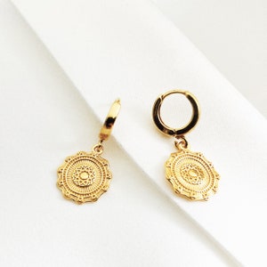 Elegant Gold Dangle Coin Earrings | circle Hoop earrings | Boho hoop Earrings | Drop DISC Earrings Valentine gift for women | Unique earring