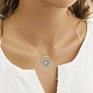 BIG circle necklace with Filigree Gold medallion, gold rosette necklace, Large dainty Pendant, Boho Jewelry for women, elegant necklace