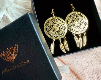 Gold big Dreamcatcher earrings, dreamcatcher filigree native american jewelry, elegant boho earrings sterling silver 925 gold plated