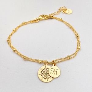 Kompass Armband, Doppelkette Armband mit Kompass Charme, Globetrotter Geschenk für Reiseliebhaber, vergoldet