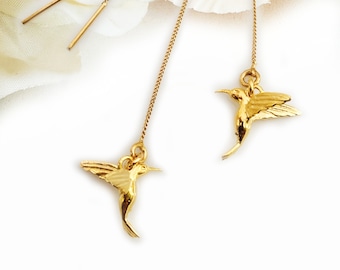 Hummingbird earrings, gold Hummingbird charm earrings, long colibri earrings, Colibri Bird threader Earrings, flying birds earrings