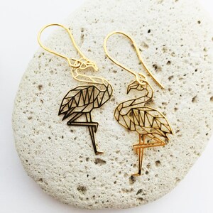 gold FLAMINGO earrings, origami Flamingo dangle earrings , geometric Flamingo lovers gift for her,  flamingo jewelry in gold plated