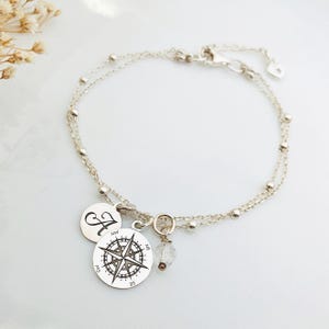 Kompasarmband, Globetrotter-cadeau voor reisliefhebber, sterlingzilveren kompasbedel aan dubbele schakelarmband, Wanderlust Travel Jewelry Gift