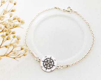 Pulsera de brújula, brújula de plata esterlina, regalo para trotamundos, amante de los viajes, brújula delicada, sol, regalos de graduación, pulsera de excursionista, pasión por los viajes.