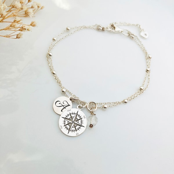 Compass bracelet, Globetrotter gift for Travel Lover, sterling silver Compass charm on double chain bracelet, Wanderlust Travel Jewelry Gift