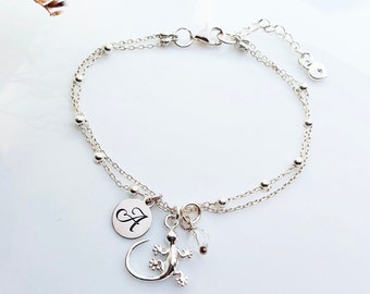 Bracelet gecko personnalisé, gecko en argent sterling, bracelet lézard délicat à double chaîne, bracelet animal réglable