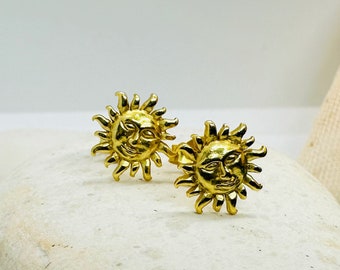 Gold sun stud earrings, small sun face Earrings ,  Dainty Studs gift for women