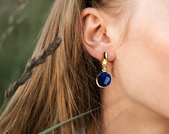 Boucles d'oreilles élégantes en or LAPIS LAZULI, créoles avec pierres précieuses bleu marine, créoles, boucles d'oreilles uniques faites main