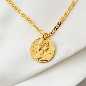 Gold Coin Medallion Necklace, Disc Necklace with women face, 24k gold plated Layering Pendant Necklace , Gift for woman