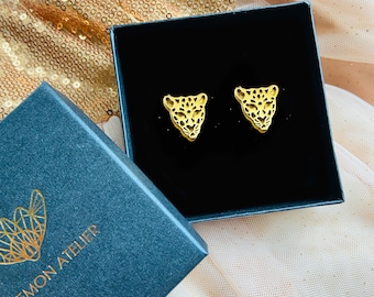 Gold Leopard Stud Earrings, Origami leopard Head Earrings, Handmade Cheetah Head Posts, Big Cat Earrings, Wild Animal Earrings,
