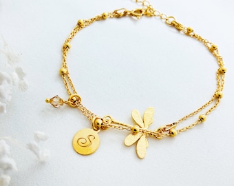 Dainty Dragonfly bracelet, gold plated double chain Dragonfly Bracelet, Dragonfly Jewelry, Nature Charm, women gift