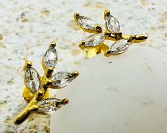elegant gold CZ Leaf Stud Earrings, Olive Branch Earrings, Four leaf Zircon Stud Earrings, small Dainty filigree Studs for women