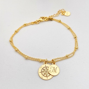 Compass bracelet, custom Compass layering bracelet, double chain bracelet wit compass charm, Globetrotter gift for Travel Lover Gold plated