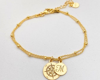 Compass bracelet, custom Compass layering bracelet, double chain bracelet wit compass charm, Globetrotter gift for Travel Lover Gold plated