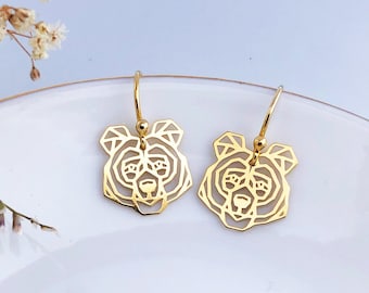 Kolczyki origami z misiem wykonane ze złota, geometryczne kolczyki z twarzą misia, prezent dla przyjaciółki, biżuteria na prezent Mama Bear, kolczyki ze zwierzętami