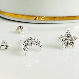 Orecchini spaiati con mezzaluna e stella, orecchini asimmetrici celesti, orecchini a bottone Starburst in argento sterling