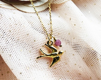 SWALLOW necklace, gold swallow pendant 24k gold plated, flying swallow charm Minimalist Layering Necklaces, Bird Jewellery