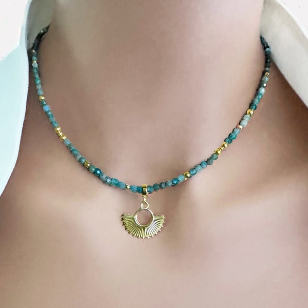 Natural APATITE Necklace, gold sun pendant, Apatite turquoise tiny Beads Necklace, Beaded Necklace, 2 necklaces in one, sun charm choker