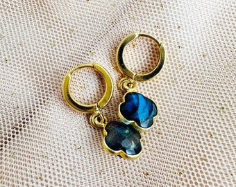 Labradorite earrings, CLOVER shape gemstone earrings , Labradorite clover hoop earrings, Boho jewelry, dainty dangle earrings,