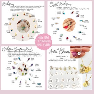 Pu&ograve; includere: Un grafico che mostra le pietre di nascita per ogni mese dell'anno. Il grafico include sia perline di pietre preziose che pietre di nascita di cristallo. Il grafico include anche ciondoli iniziali in argento sterling e argento sterling placcato oro. Il testo sul grafico dice "Tanti modi per personalizzare i tuoi gioielli".